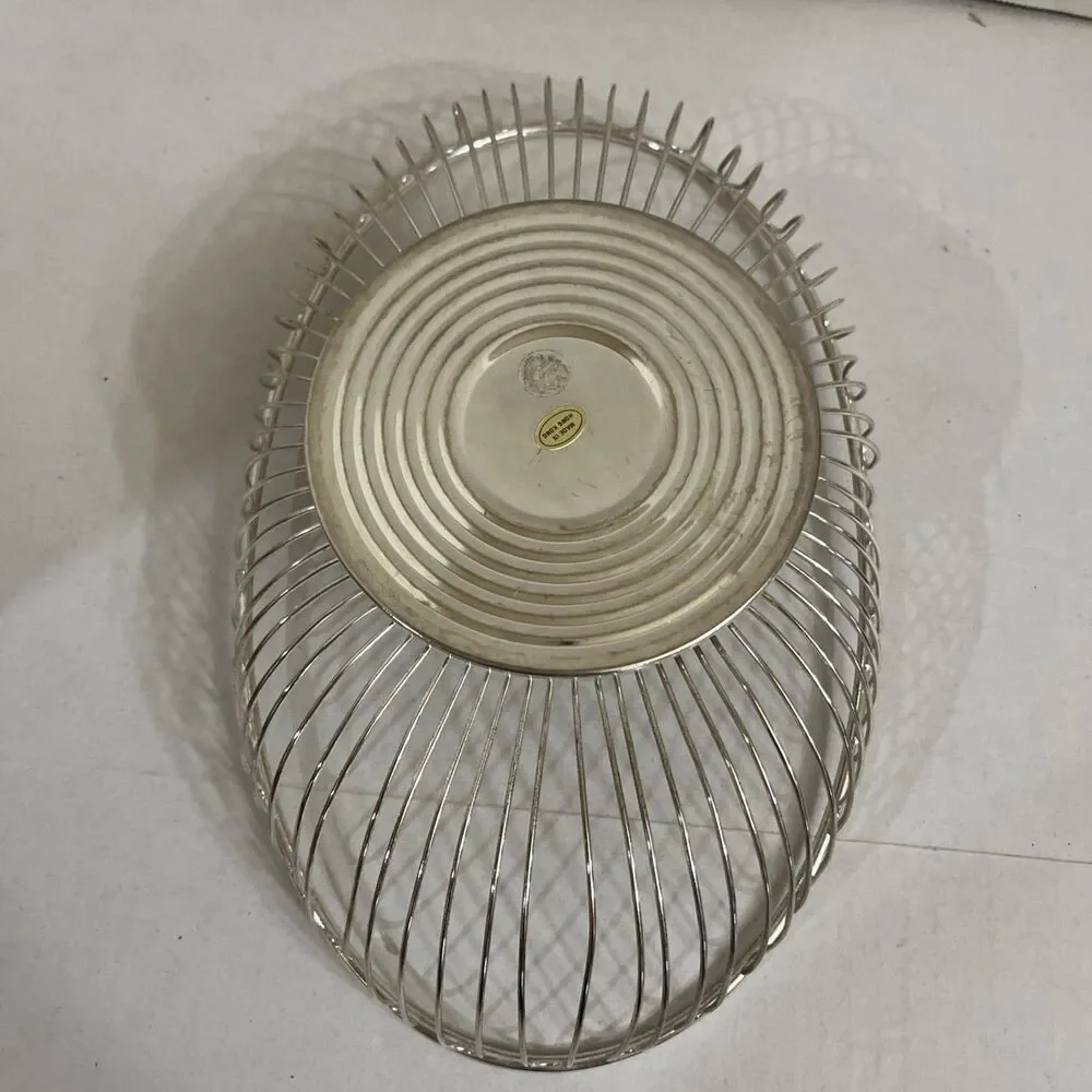 Vintage Mid Century Silver Toned Oval Wire Fruit Bowl Basket 12” MCM Hong Kong